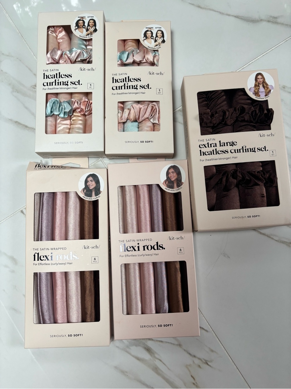 Kitsch Satin Heatless Curling & Flexi Rod Set — Pink, Rose Gold, Mint, Brown